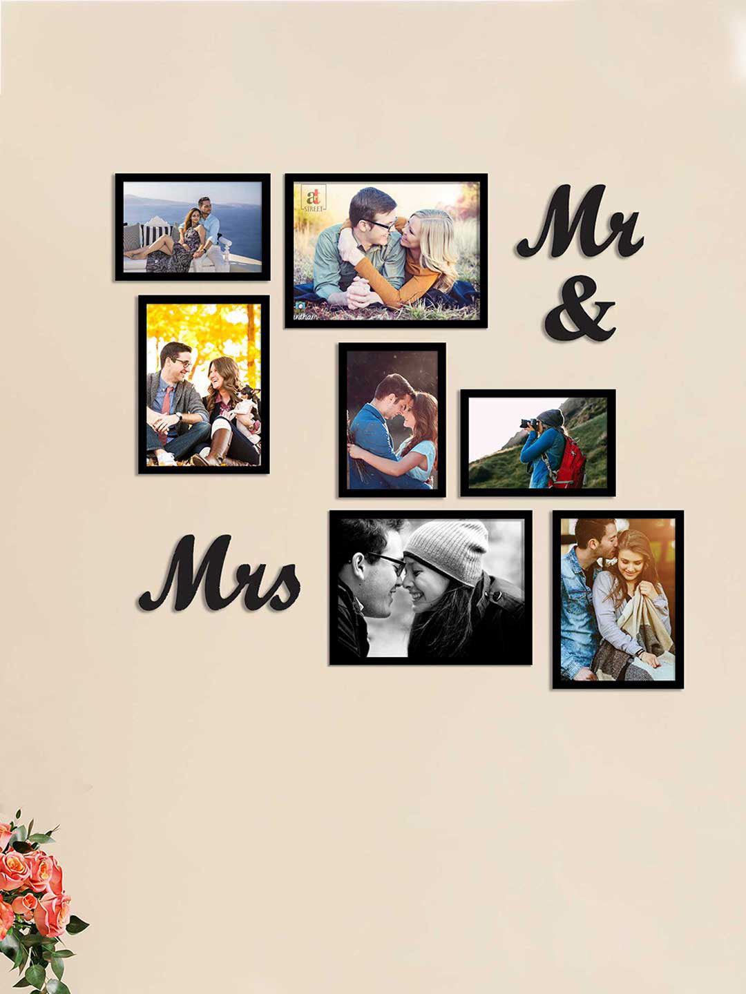 Art Street Set of 7 Black Solid Eco Series Photoframes with Mr. & Mrs. MDF Plaque