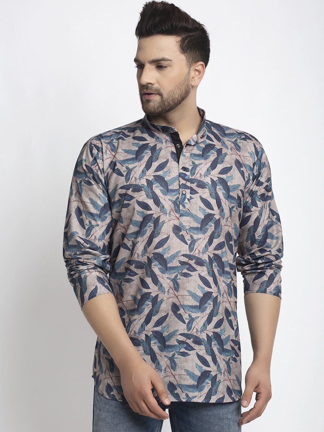 Kaifoo Men Green Printed Flared Sleeves Thread Work Kurta