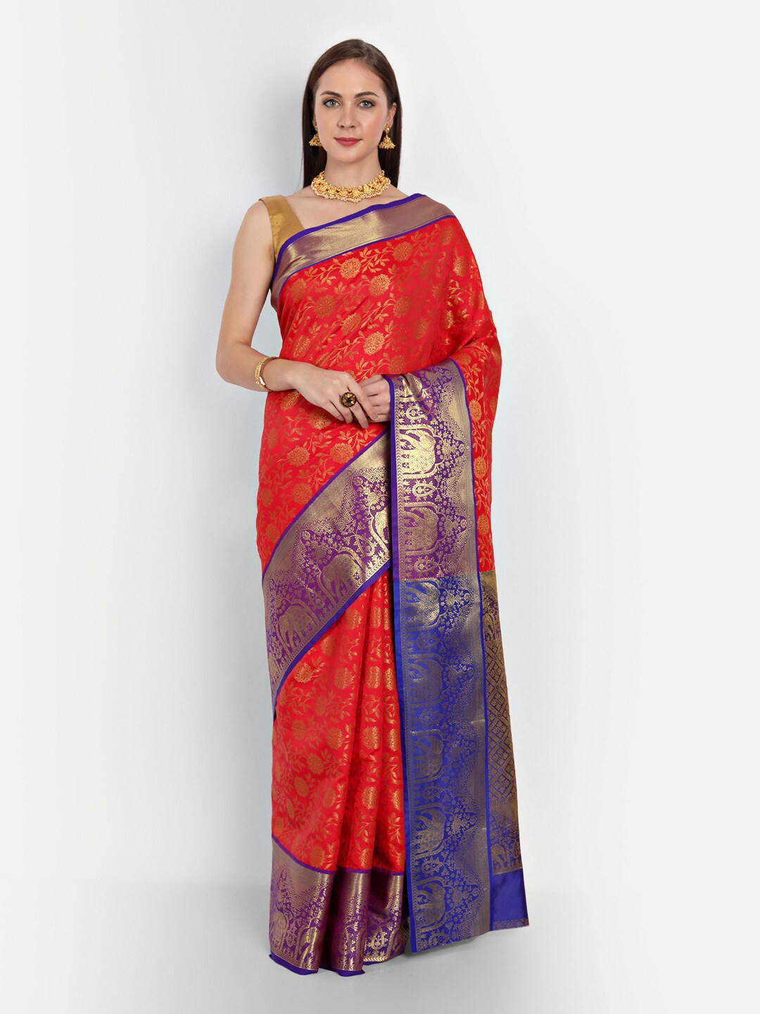 Royal Rajgharana Saree Red & Grey Woven Design Silk Blend Kanjeevaram Sarees