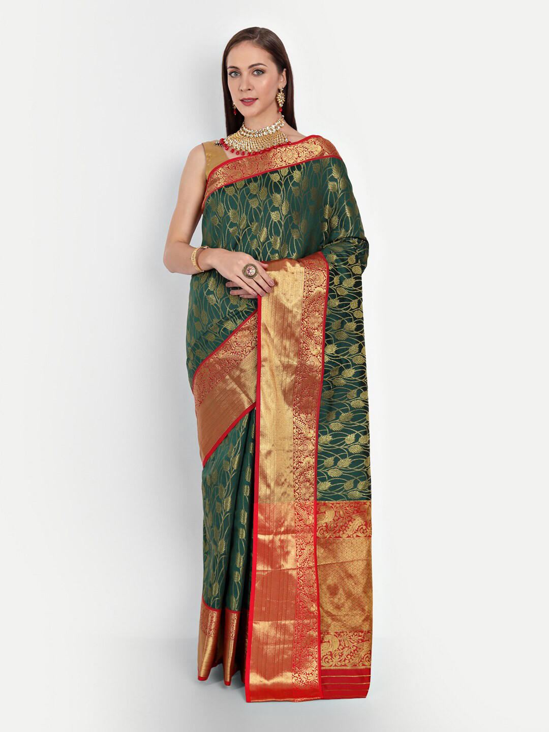 Royal Rajgharana Saree Green & Red Woven Design Zari Silk Blend Kanjeevaram Sarees