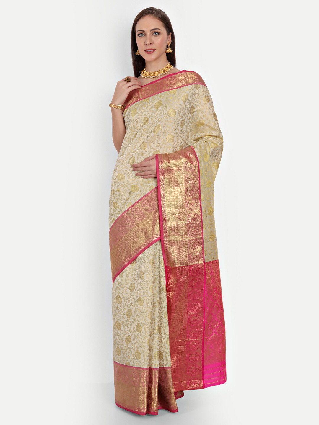 Royal Rajgharana Saree White & Pink Woven Design Zari Silk Blend Kanjeevaram Sarees