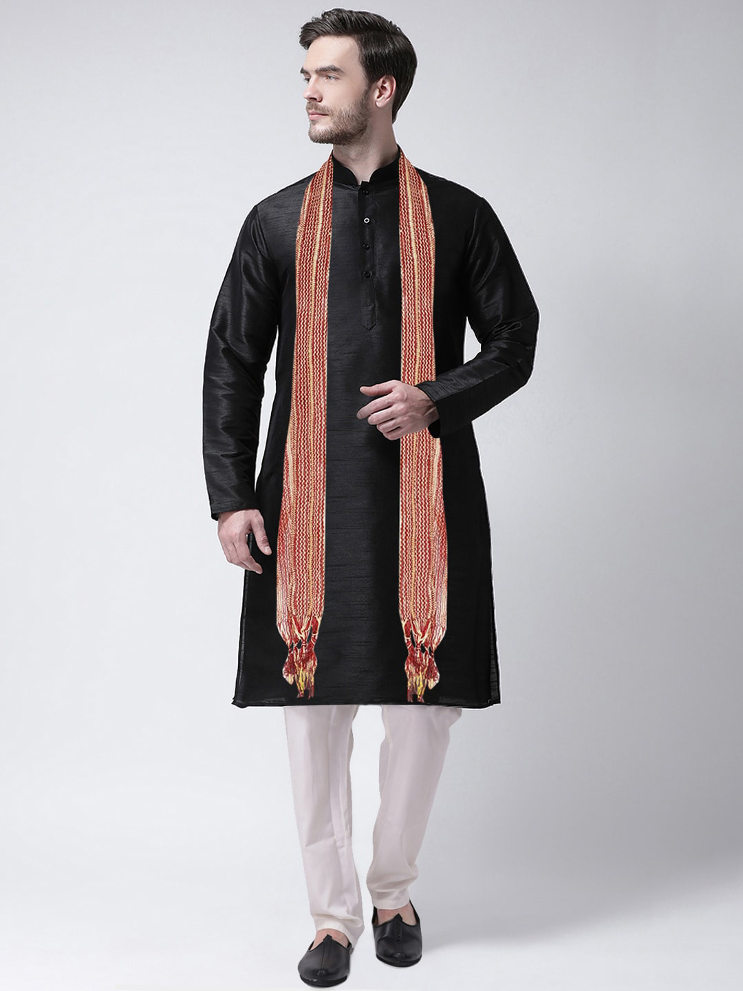 SG LEMAN Men Black Raw Silk Kurta with Churidar
