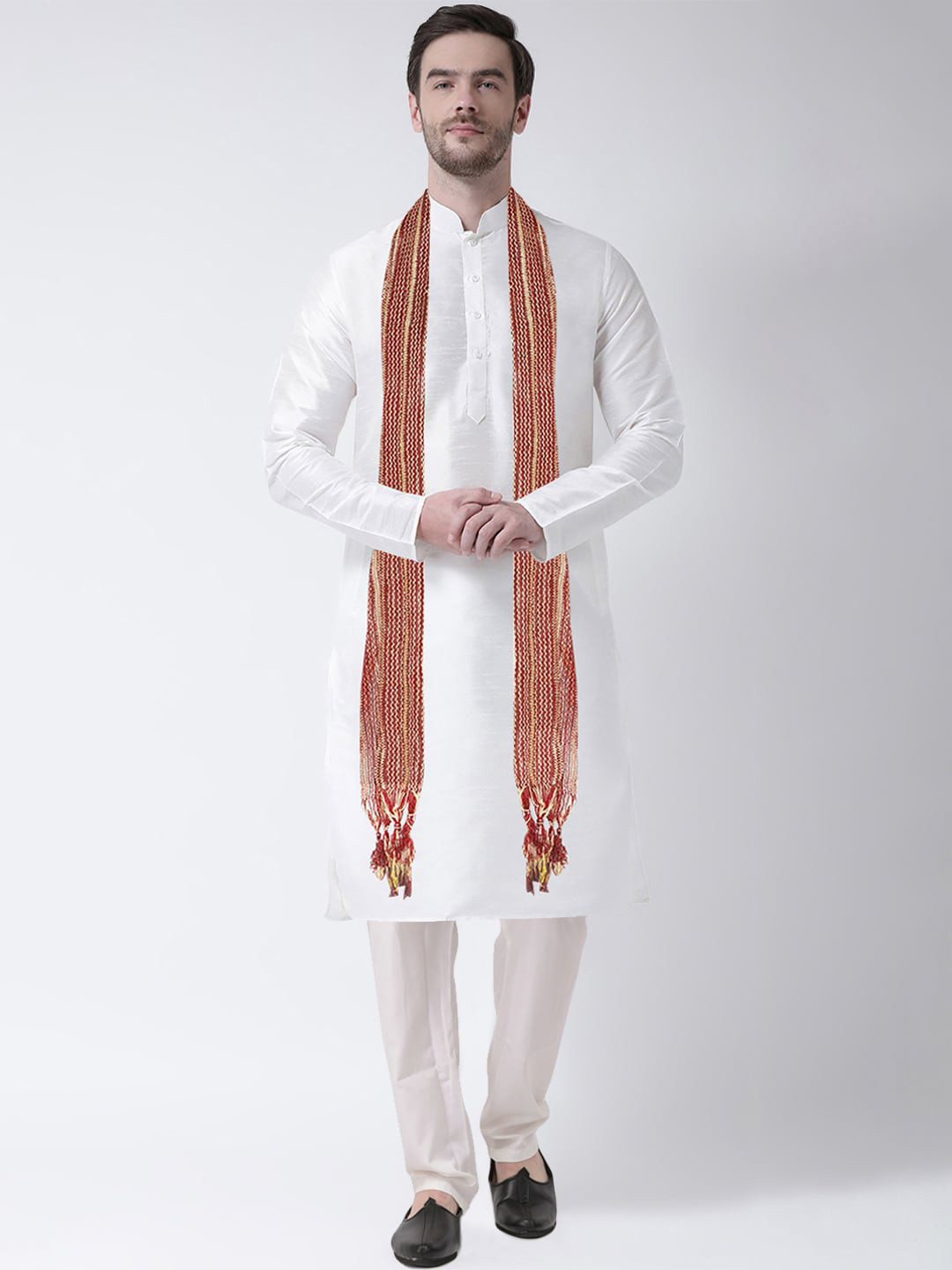 SG LEMAN Men Cream-Coloured Printed Pleated Raw Silk Kurta with Pyjamas & With Dupatta