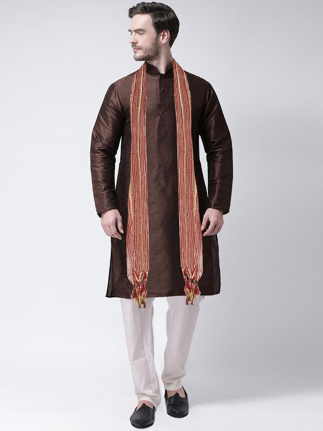 SG LEMAN Men Brown Raw Silk Kurta with Pyjamas & With Dupatta