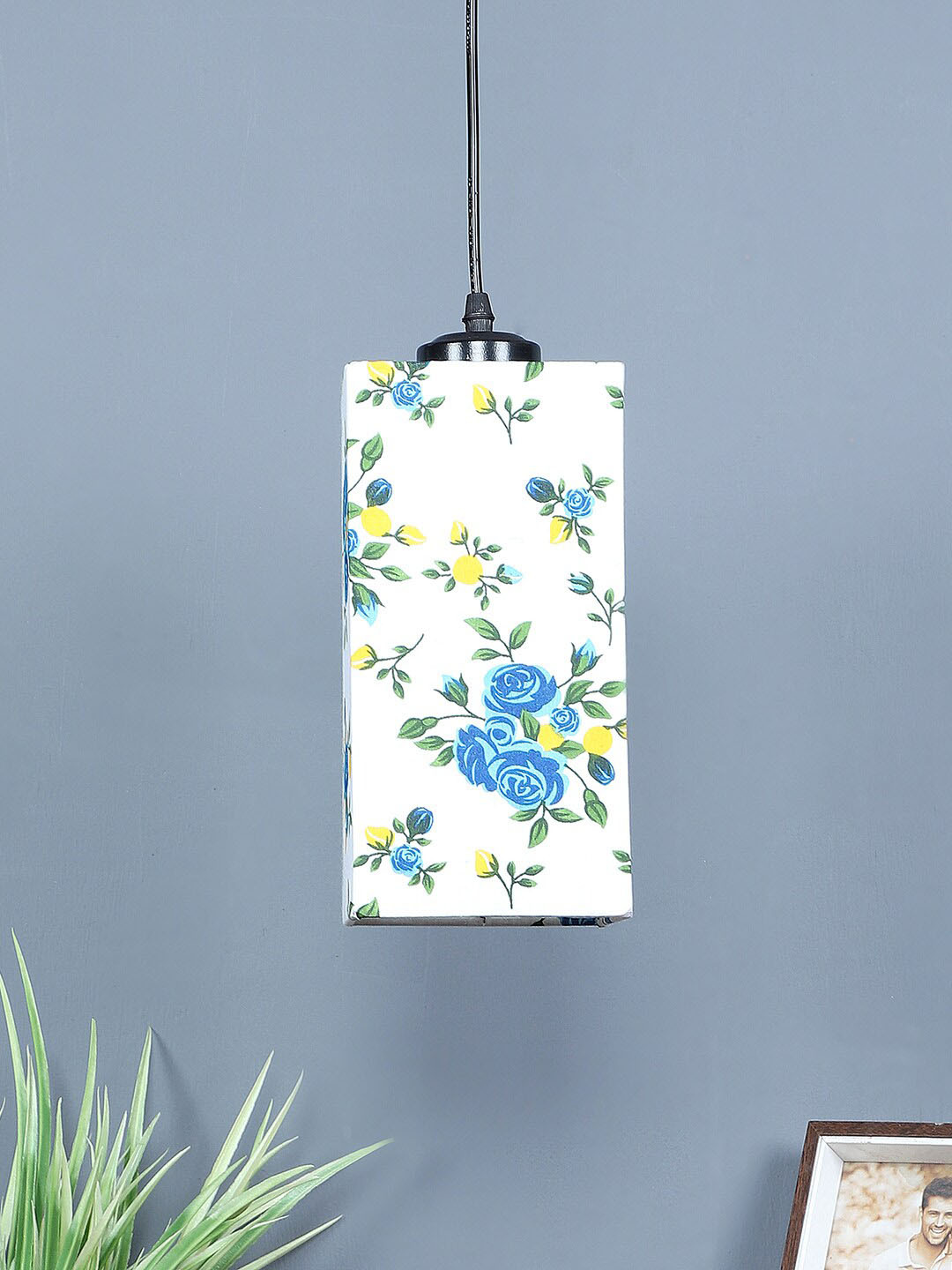 Devansh White & Blue Printed Cotton Rectangle Hanging Lamp