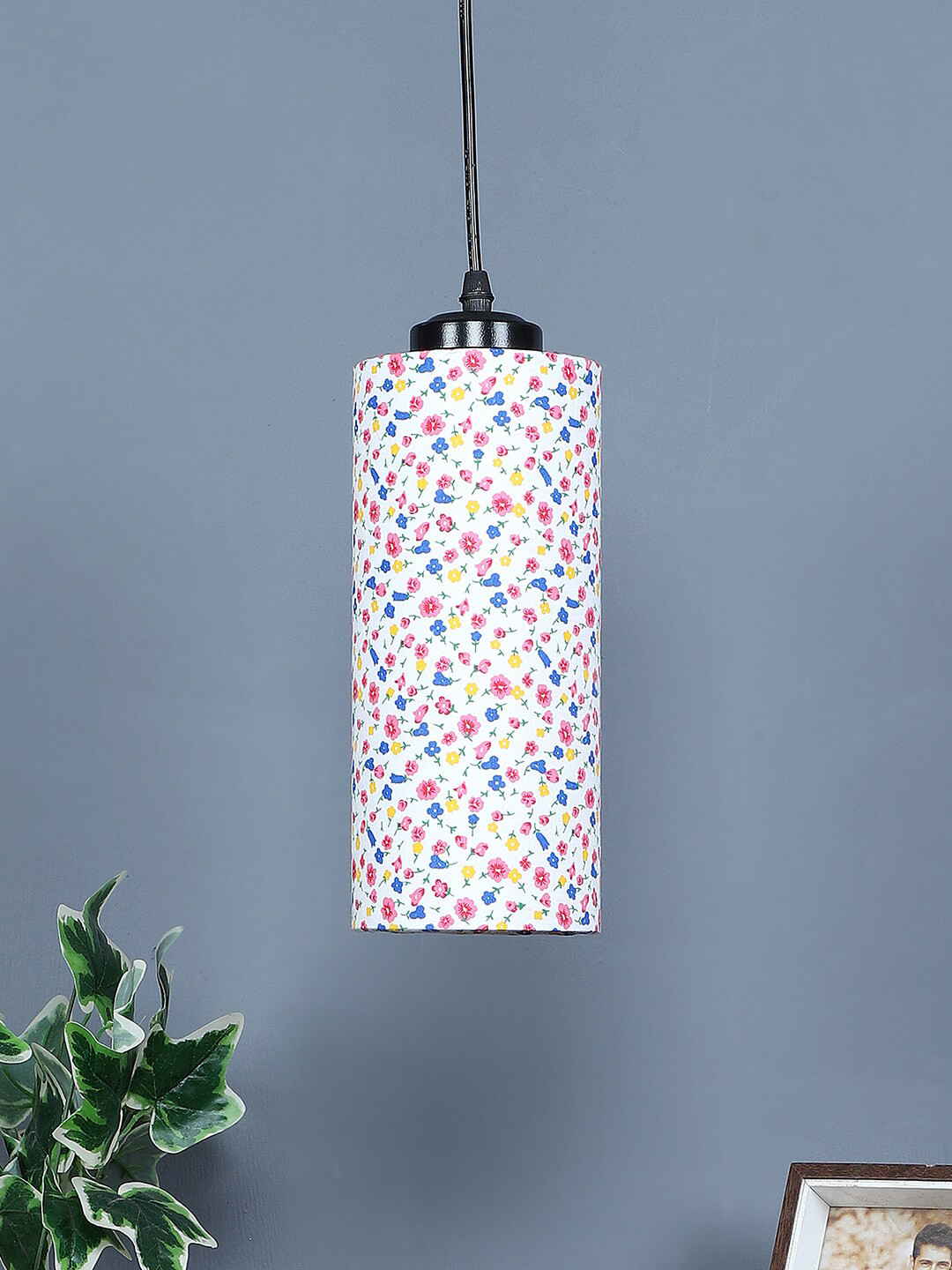 Devansh Multicolored Printed Cylindrical Iron Cotton Shade Hanging Lamp