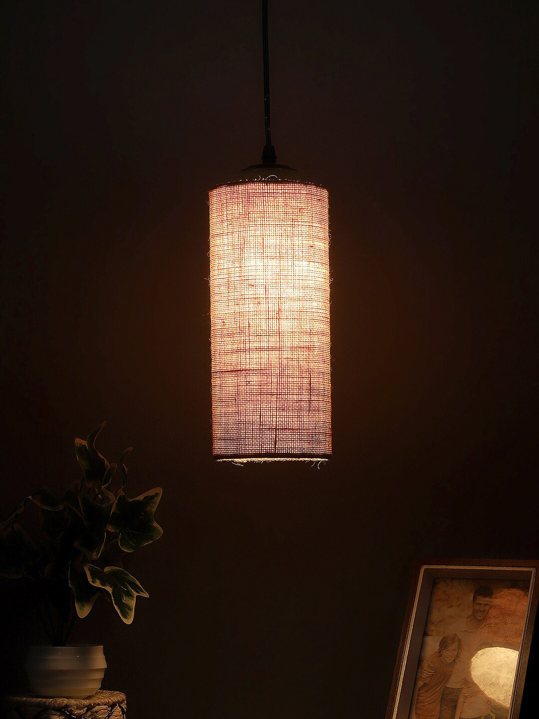 Devansh Beige Cylindrical Iron Hanging Lamp With Jute Shade