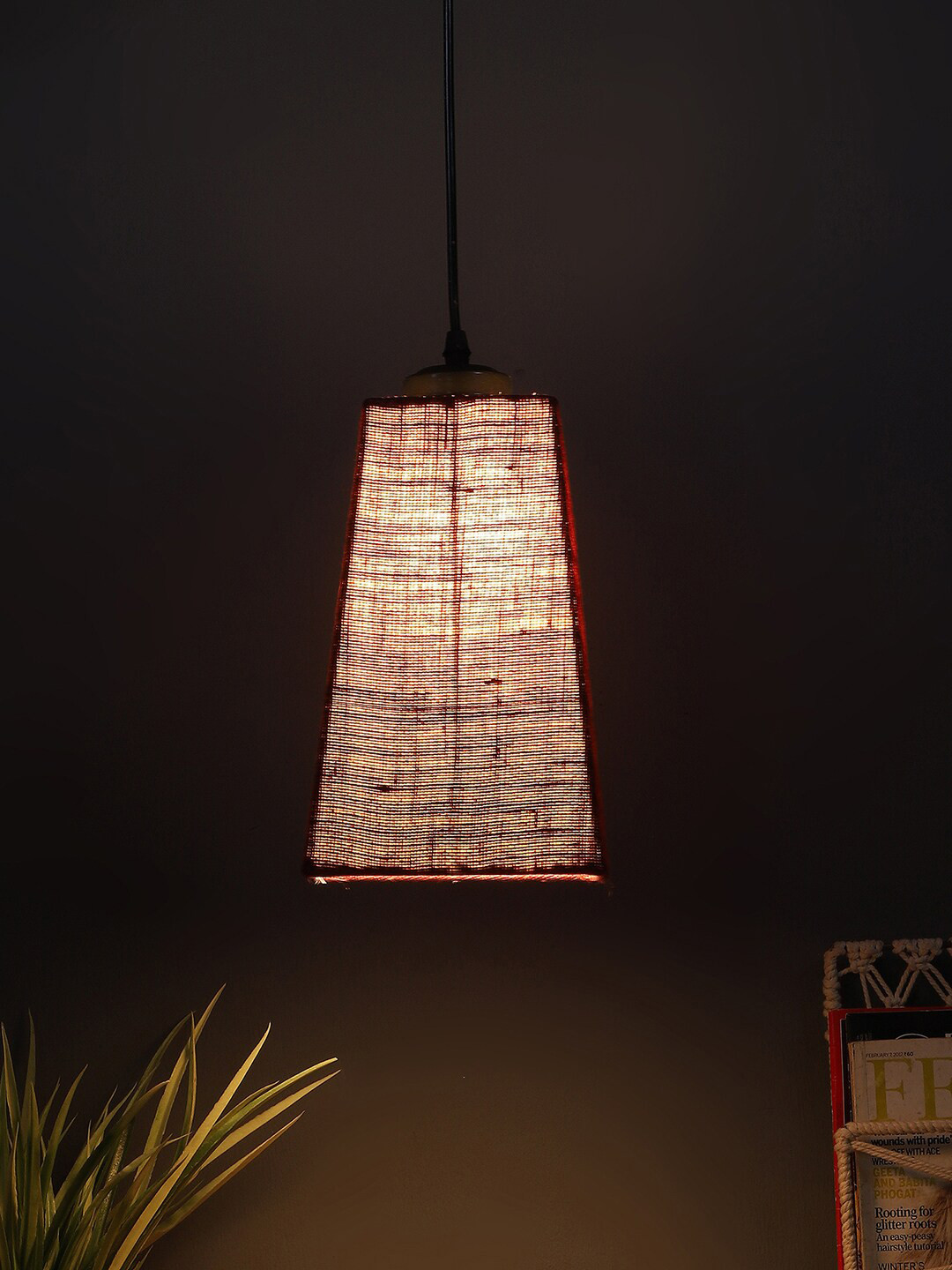 Devansh Maroon Pyramid Iron Hanging Lamp With Jute Shade