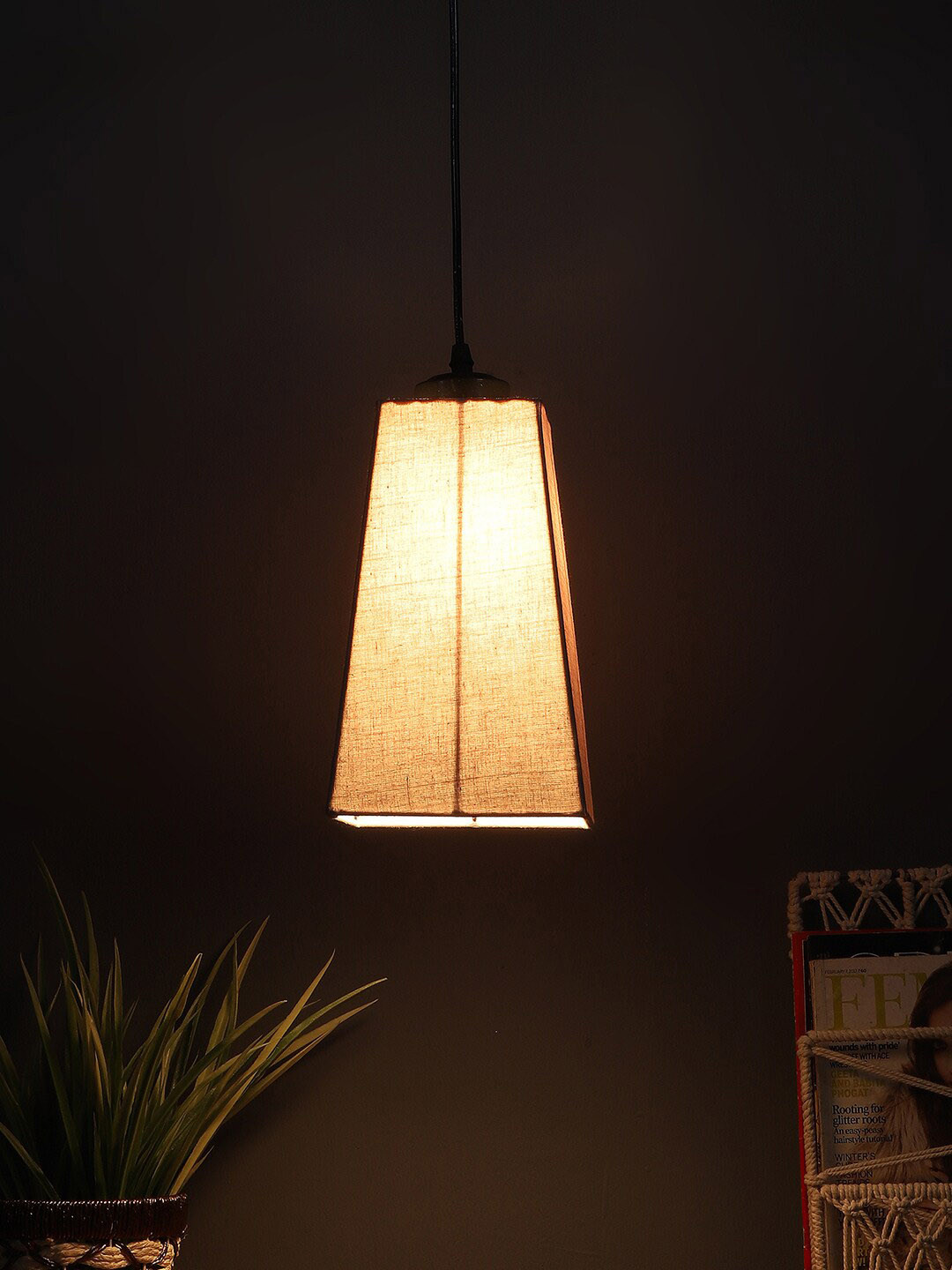 Devansh Grey Pyramid Ceiling Lamp With Jute Shade