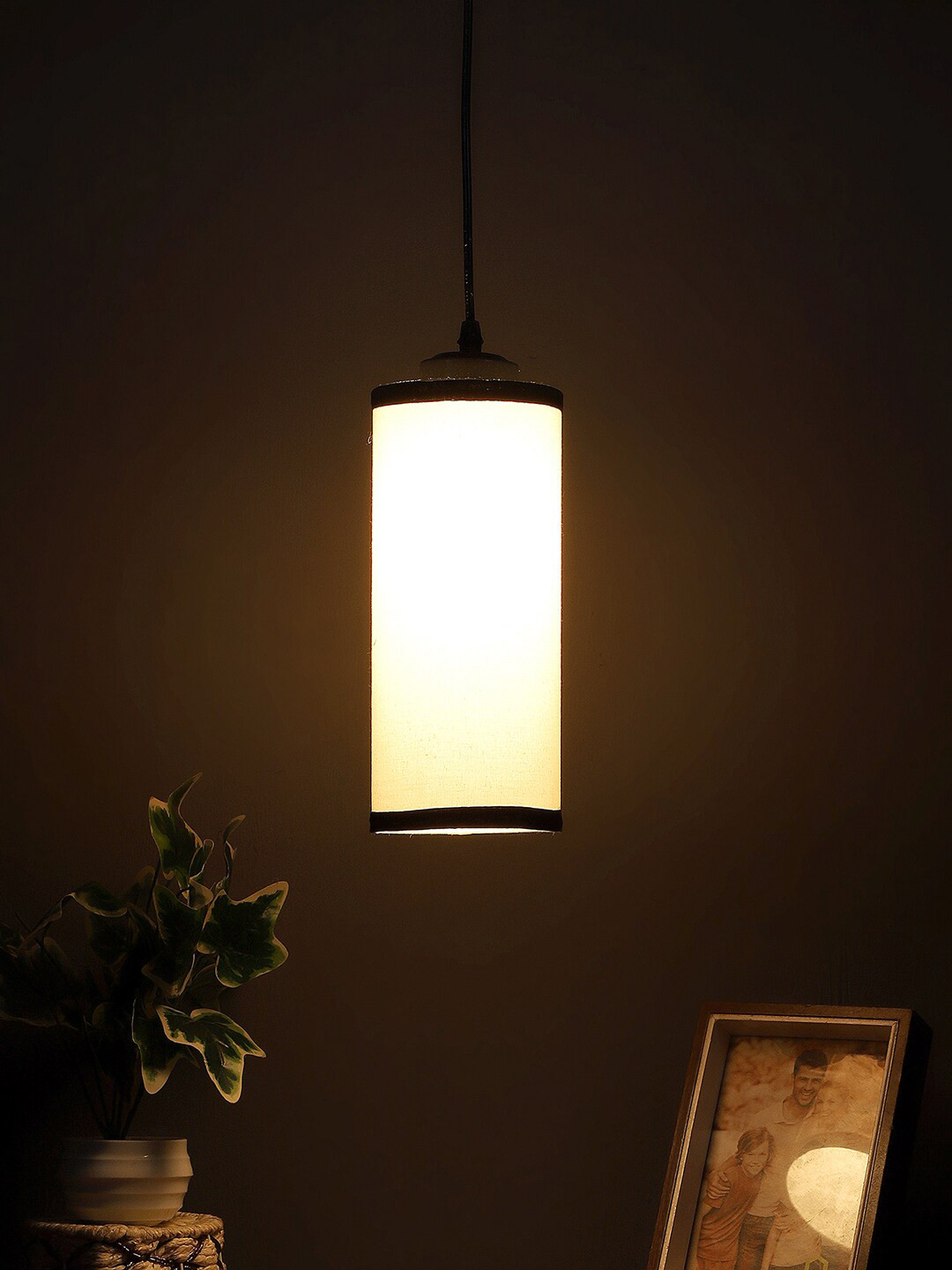 Devansh White & Black Cylindrical Iron Hanging Lamp With Cotton Shade