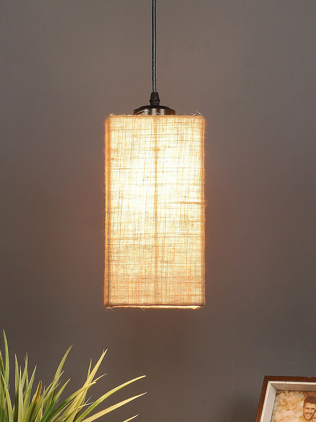 Devansh Beige Solid Square Iron Jute Shade Hanging Lamp