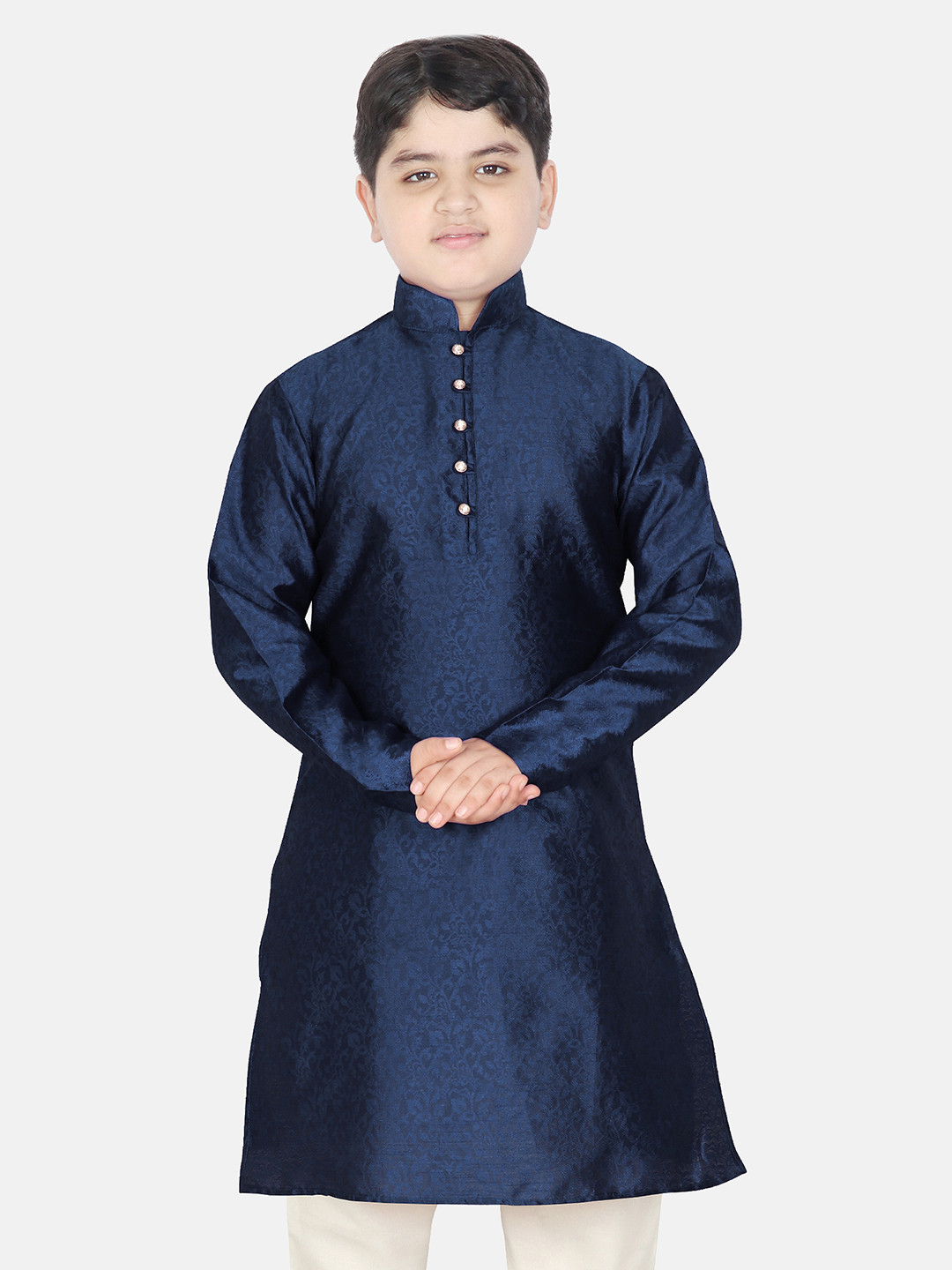 SG YUVRAJ Boys Navy Blue Thread Work Brocade Satin Kurta