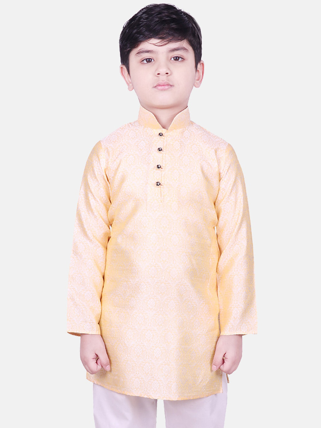 SG YUVRAJ Boys Mustard Yellow Thread Work Brocade Satin Kurta