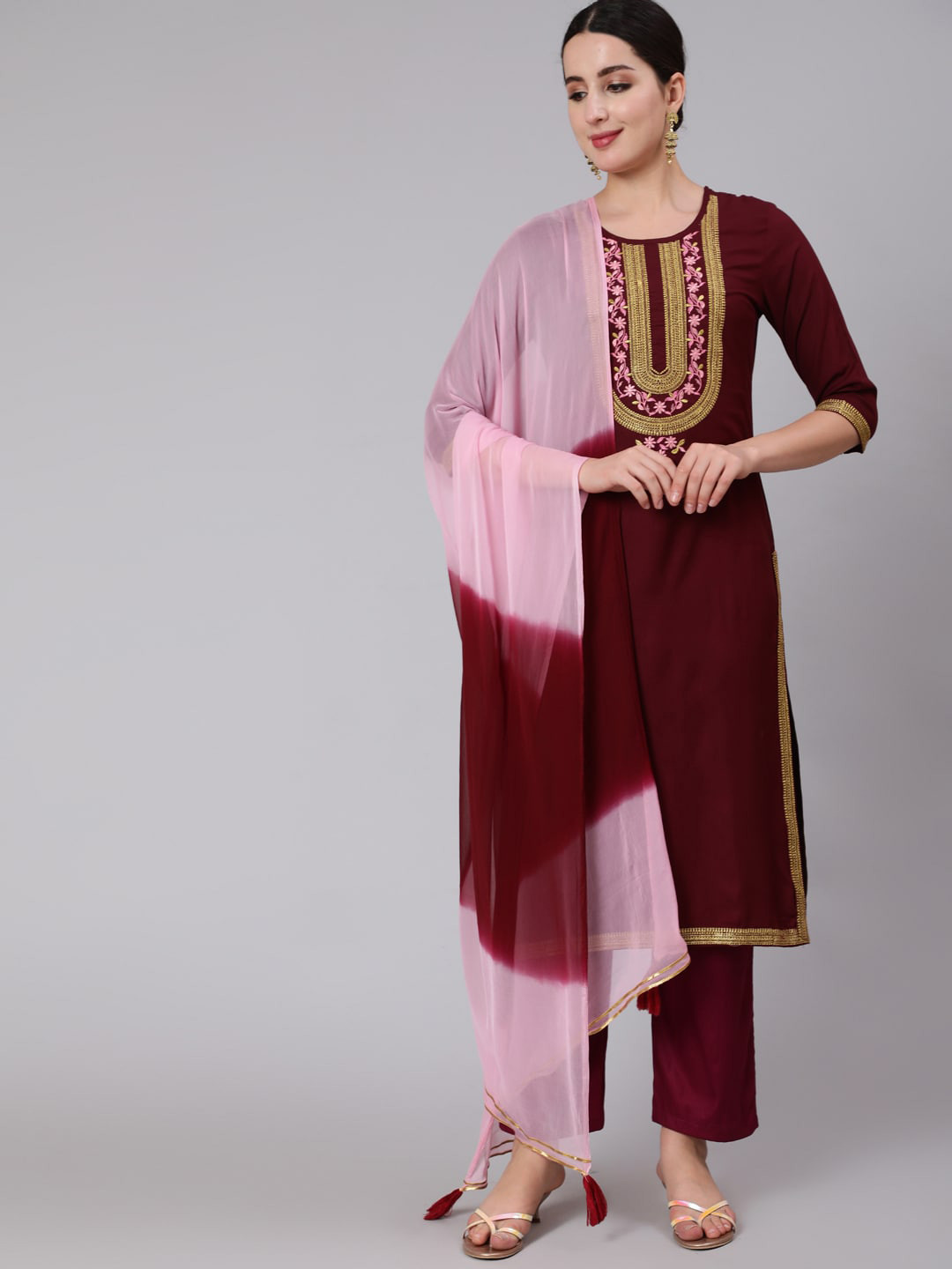 KIMAYRA Women Maroon Yoke Design Kurti with Trousers