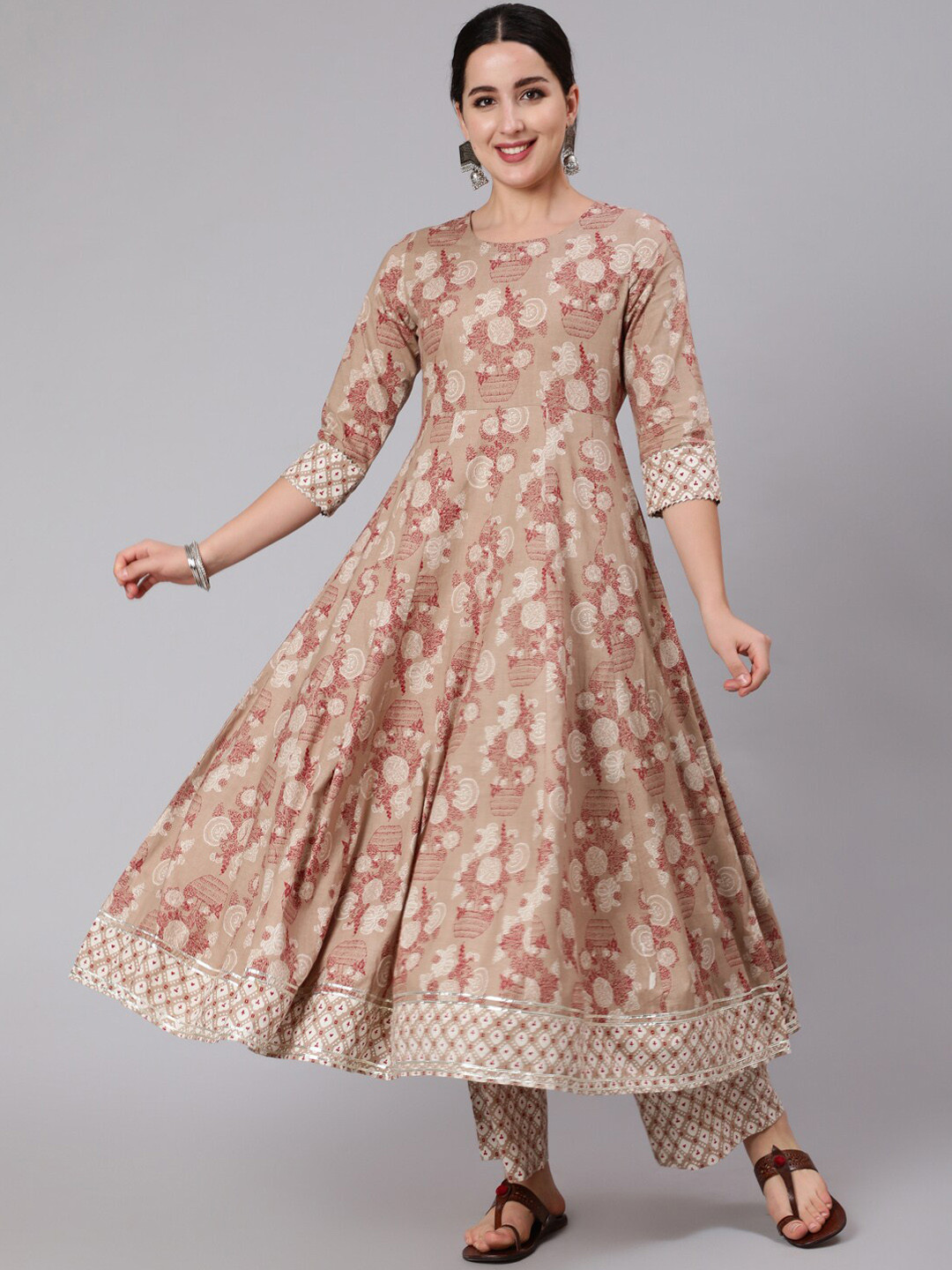 KIMAYRA Women Beige Ethnic Motifs Embroidered Panelled Pure Cotton Kurti with Churidar & With Dupatta
