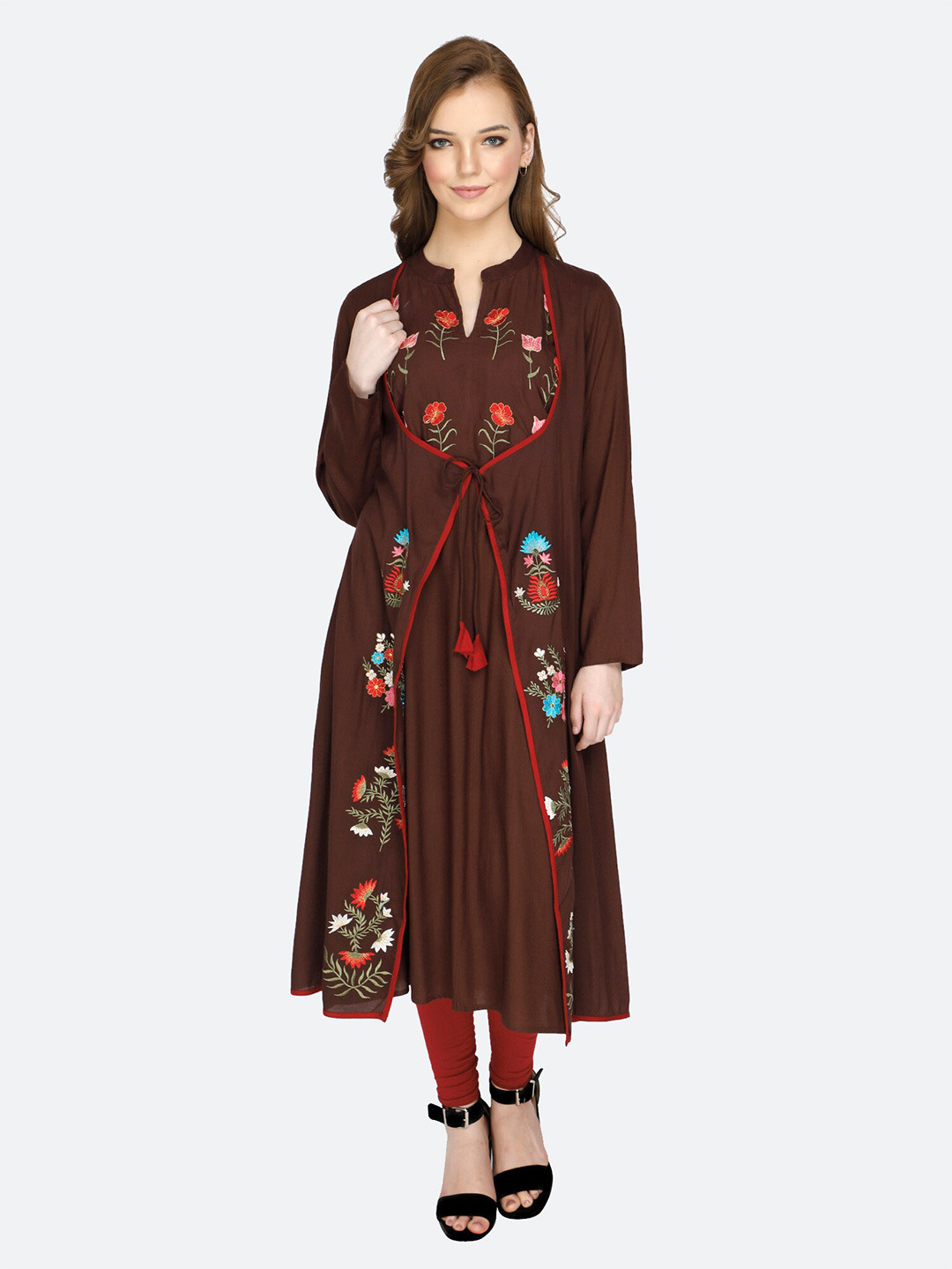 shashvi Brown & Brown Botanical Embroidered Thread Work Thread Work Kurti