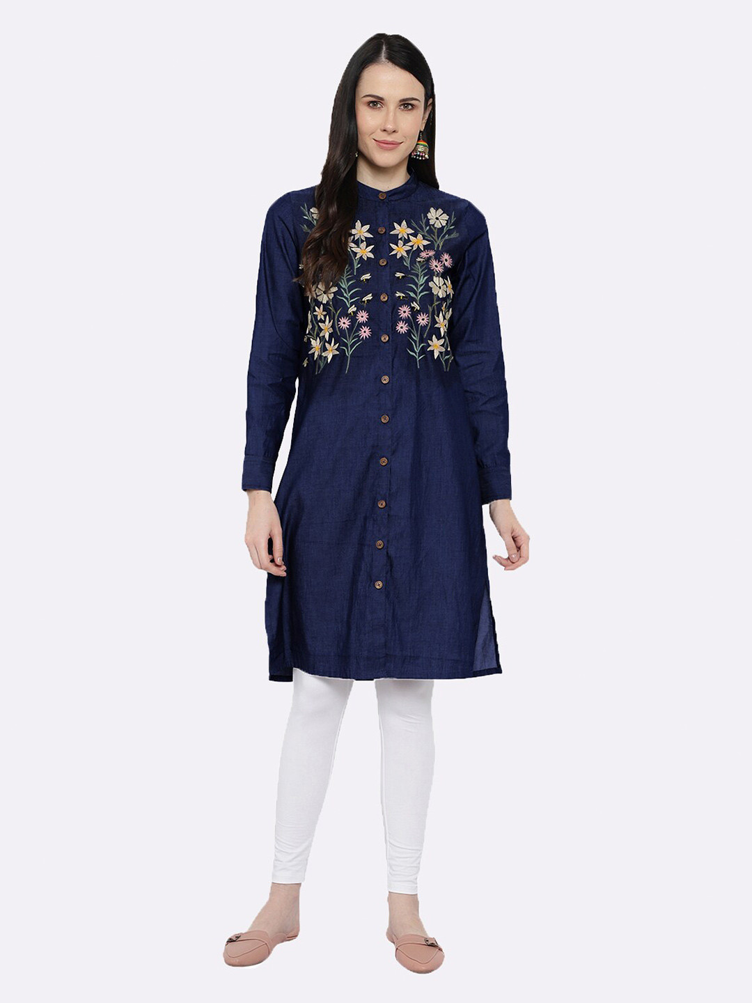 shashvi Blue & Blue Botanical Embroidered Thread Work Thread Work Kurti