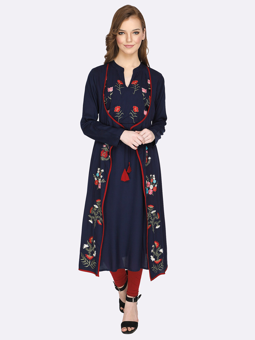 shashvi Blue & Blue Botanical Embroidered Thread Work Thread Work Kurti