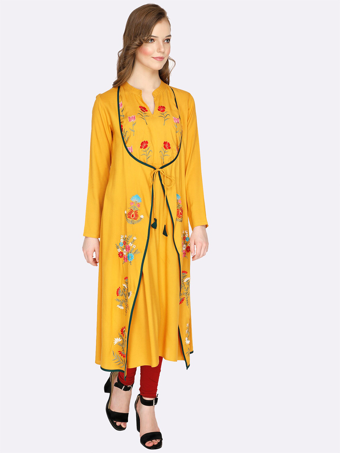 shashvi Yellow & Yellow Botanical Embroidered Thread Work Thread Work Kurti