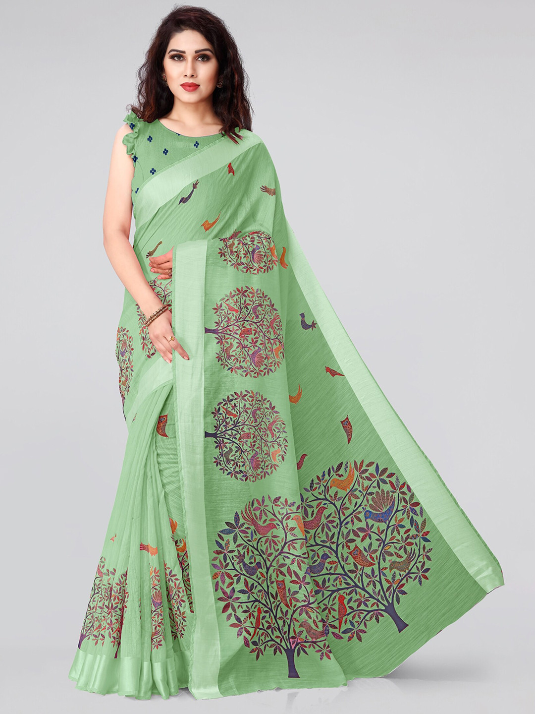 KALINI Sea Green & Red Ethnic Motifs Saree