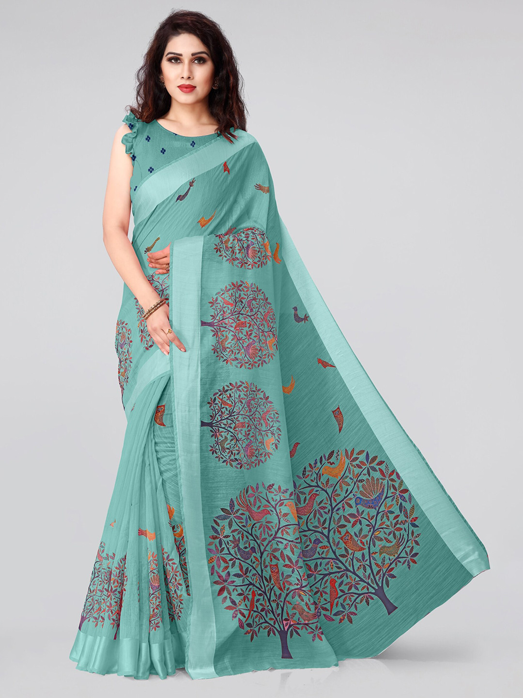 KALINI Teal & Orange Ethnic Motifs Saree