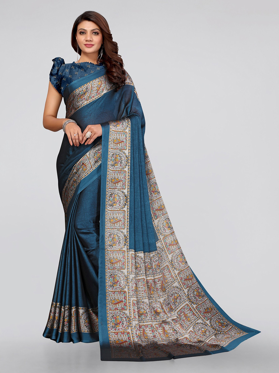 MIRCHI FASHION Turquoise Blue & Grey Kalamkari Saree