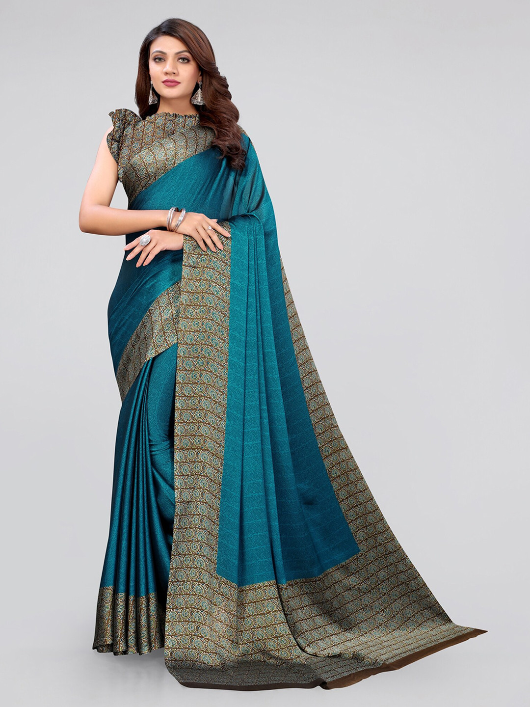 MIRCHI FASHION Turquoise Blue & Coffee Brown Saree