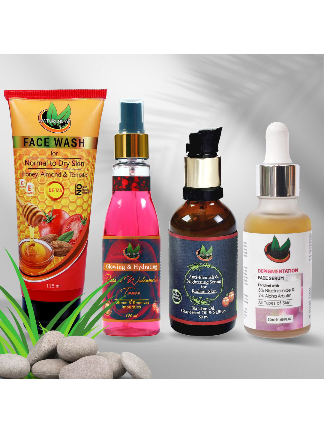 NatureNova Herbals De-Tan Face Wash + Toner + 2 Face Serums