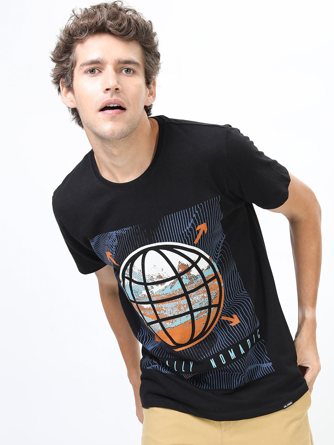 HIGHLANDER Men Black Printed Round Neck Raw Edge Slim Fit T-shirt