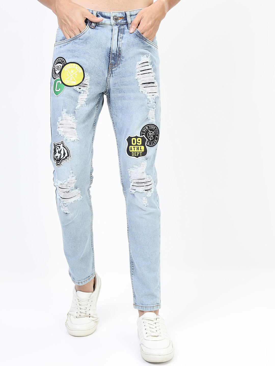 HIGHLANDER Men Blue Slim Fit Distressed Heavy Fade Stretch Jeans