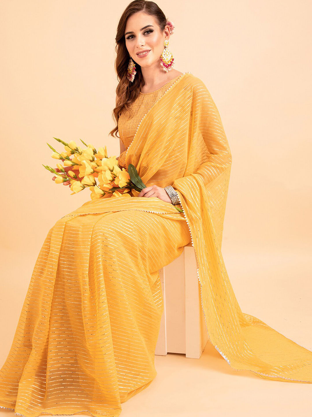 Sangria Yellow Poly Chiffon Embellished Zari Striped Saree