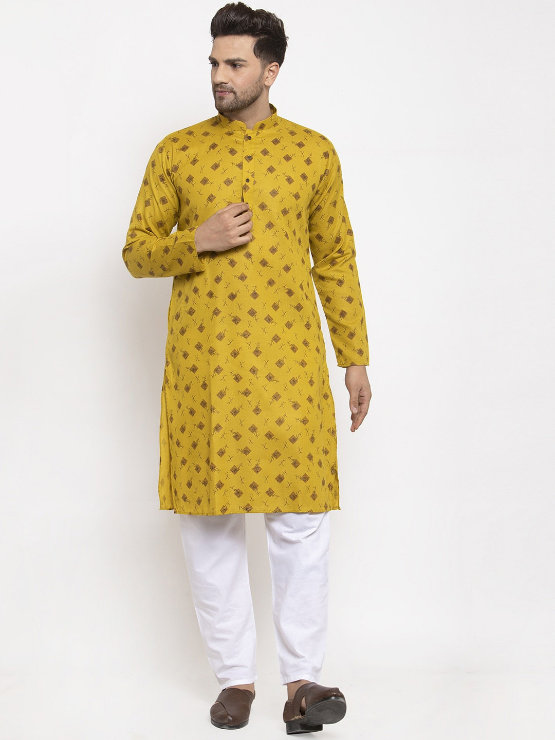 KRAFT INDIA Men Olive Green & White Printed Kurta with Pyjamas