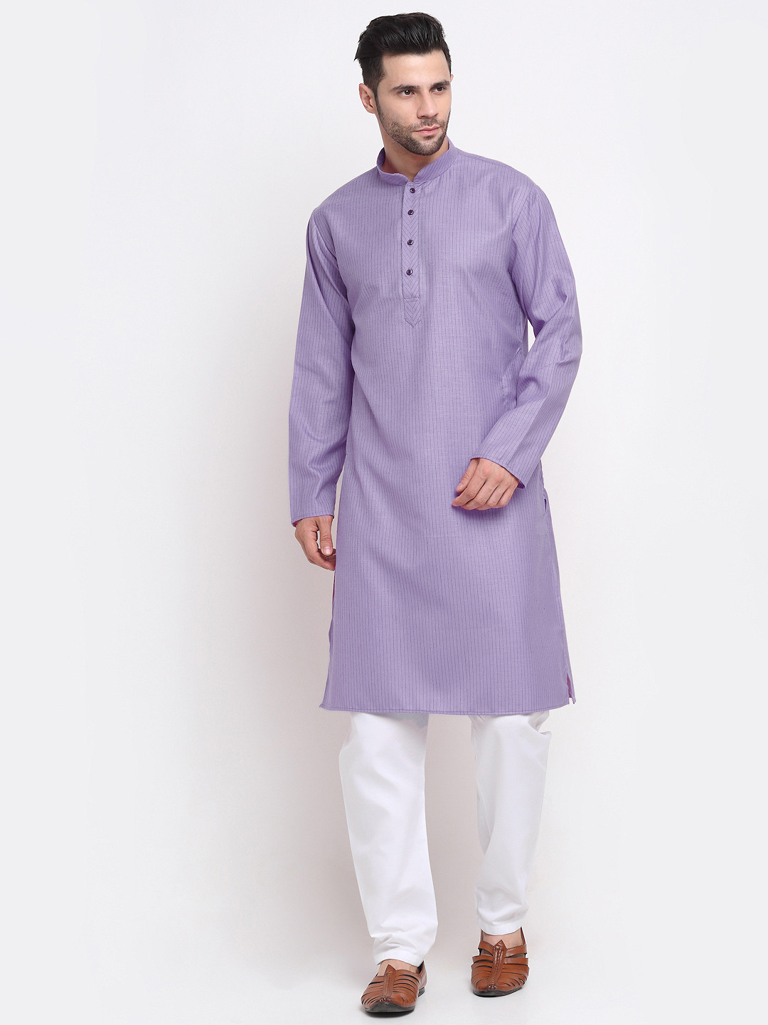 KRAFT INDIA Men Purple & White Striped Pure Cotton Kurta with Pyjamas