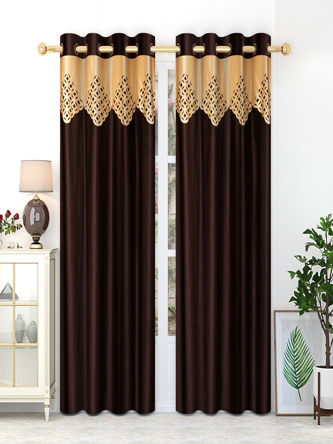 Homefab India Coffee Brown & Beige Set of 2 Long Door Curtains