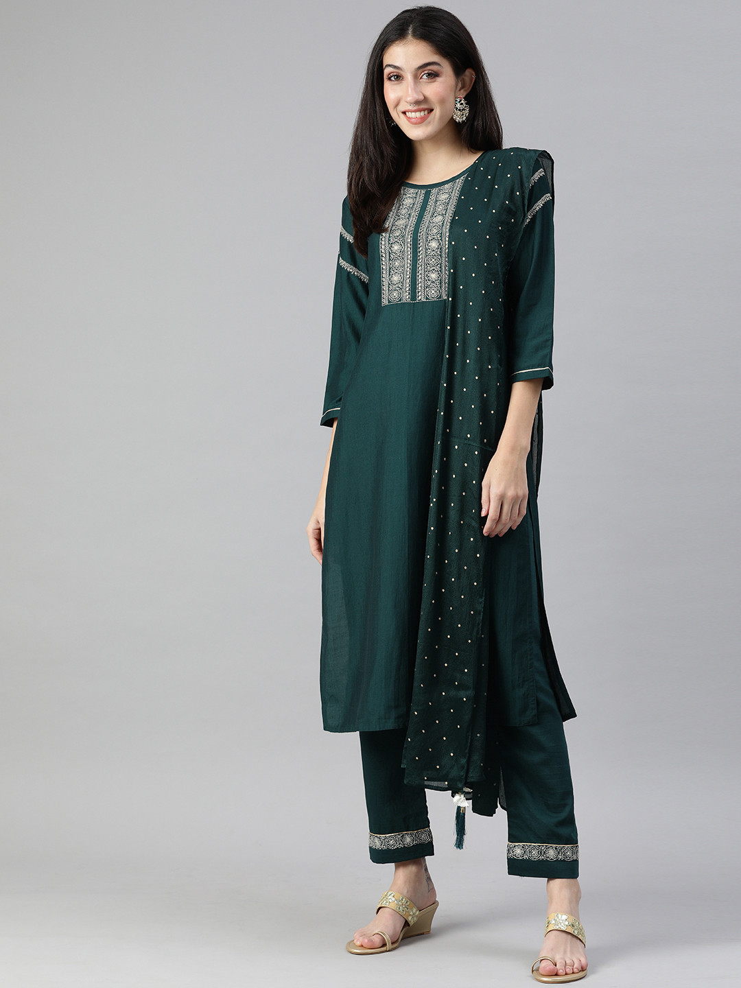 SheWill Women Teal Blue Ethnic Yoke Design Embroided Kurta with Trousers & Dupatta