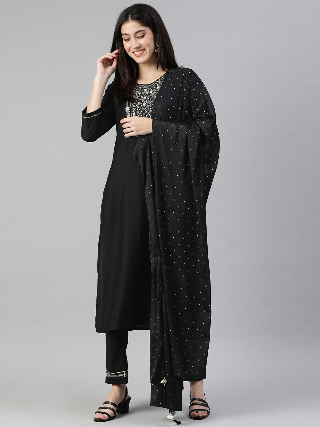 SheWill Women Black Ethnic Yoke Design Embroided Kurta with Trousers & Dupatta