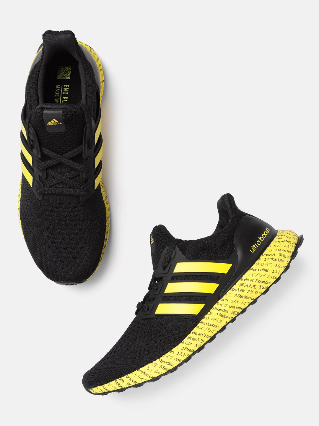 ADIDAS Men Black & Yellow Woven Design Ultraboost 5.0 DNA Running Shoes