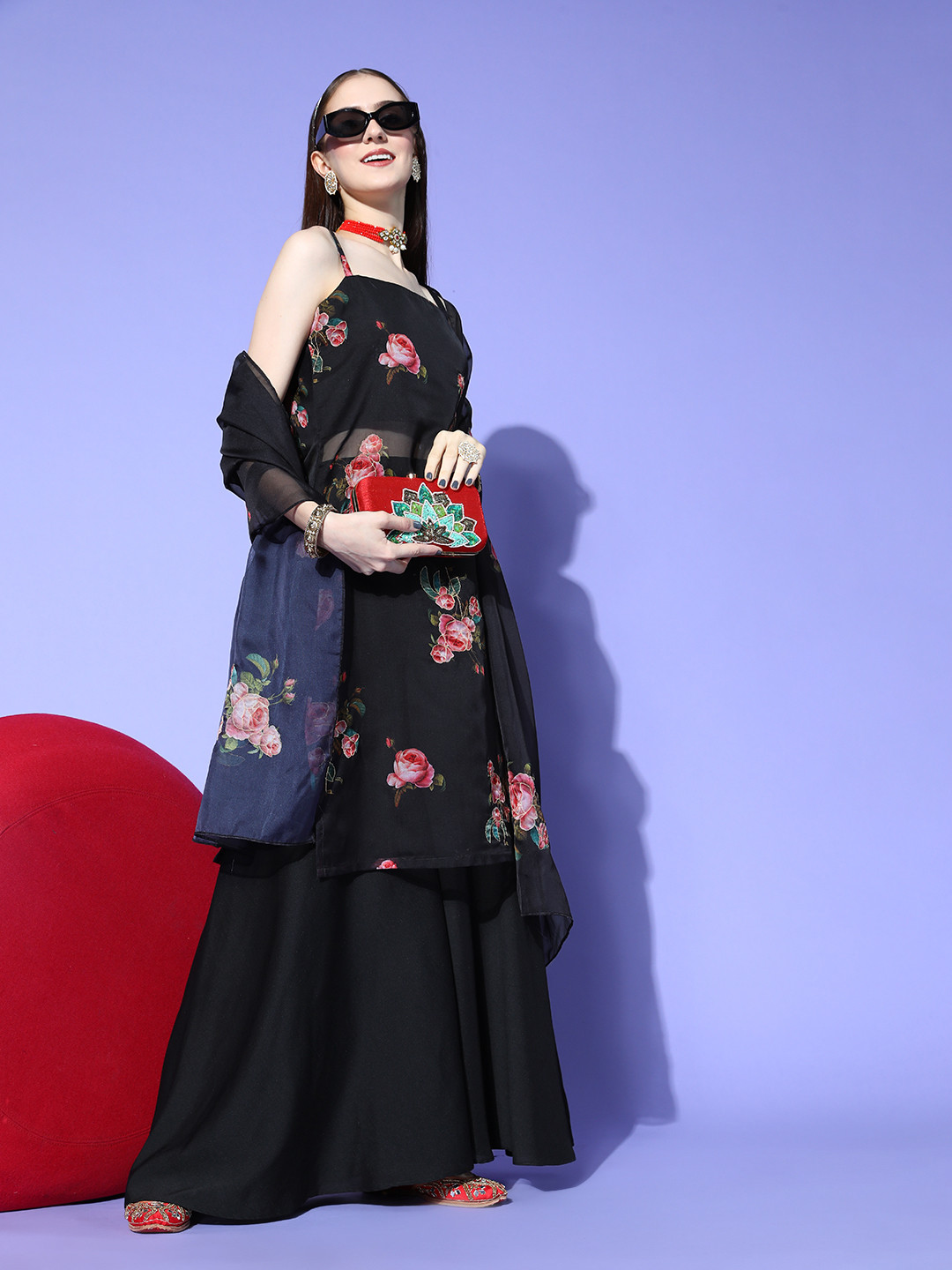 Kvsfab Women Floral Organza Print Parade Kurta Set