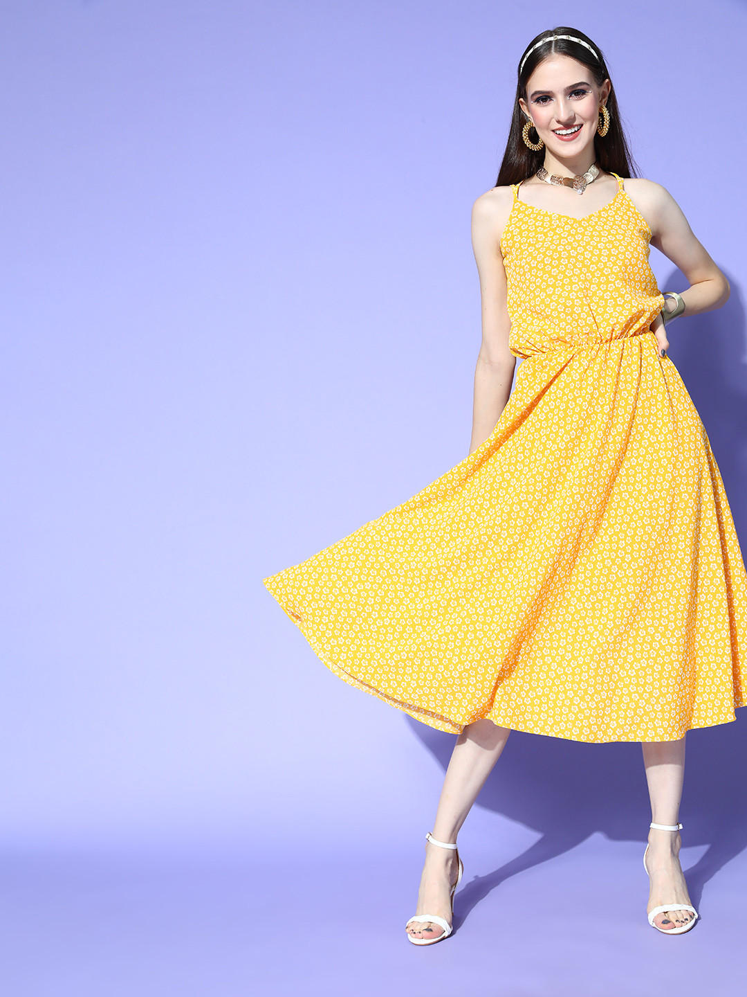 Kvsfab Women Lovely Mustard Floral Off My Back Dress