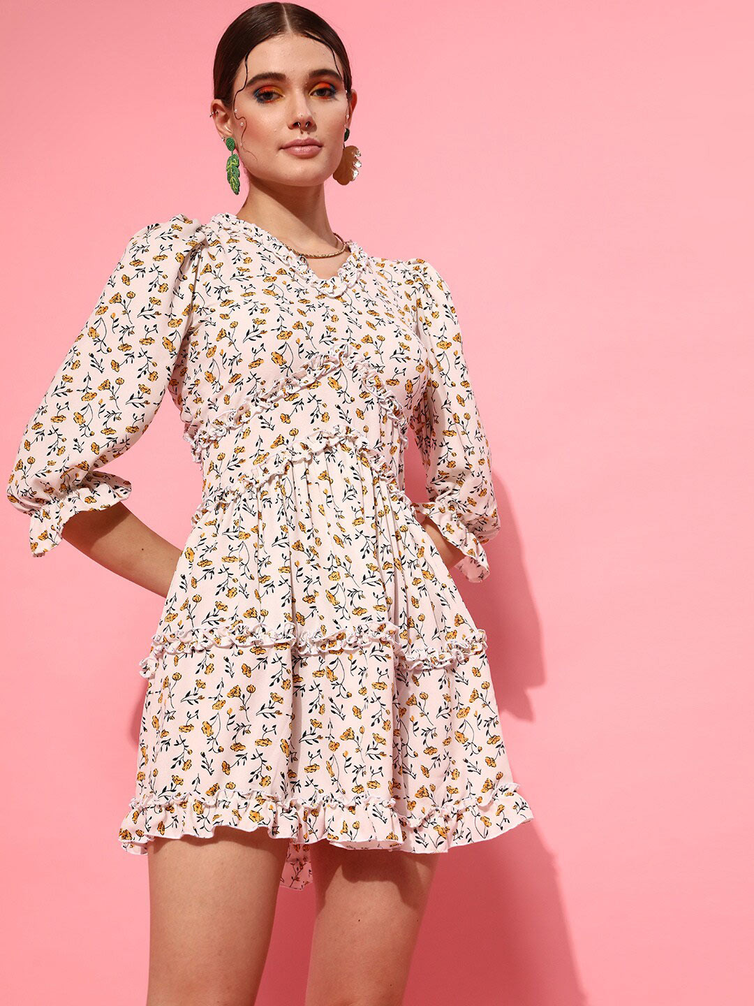 STREET 9 Yellow Floral Georgette Fit and Flare Dress