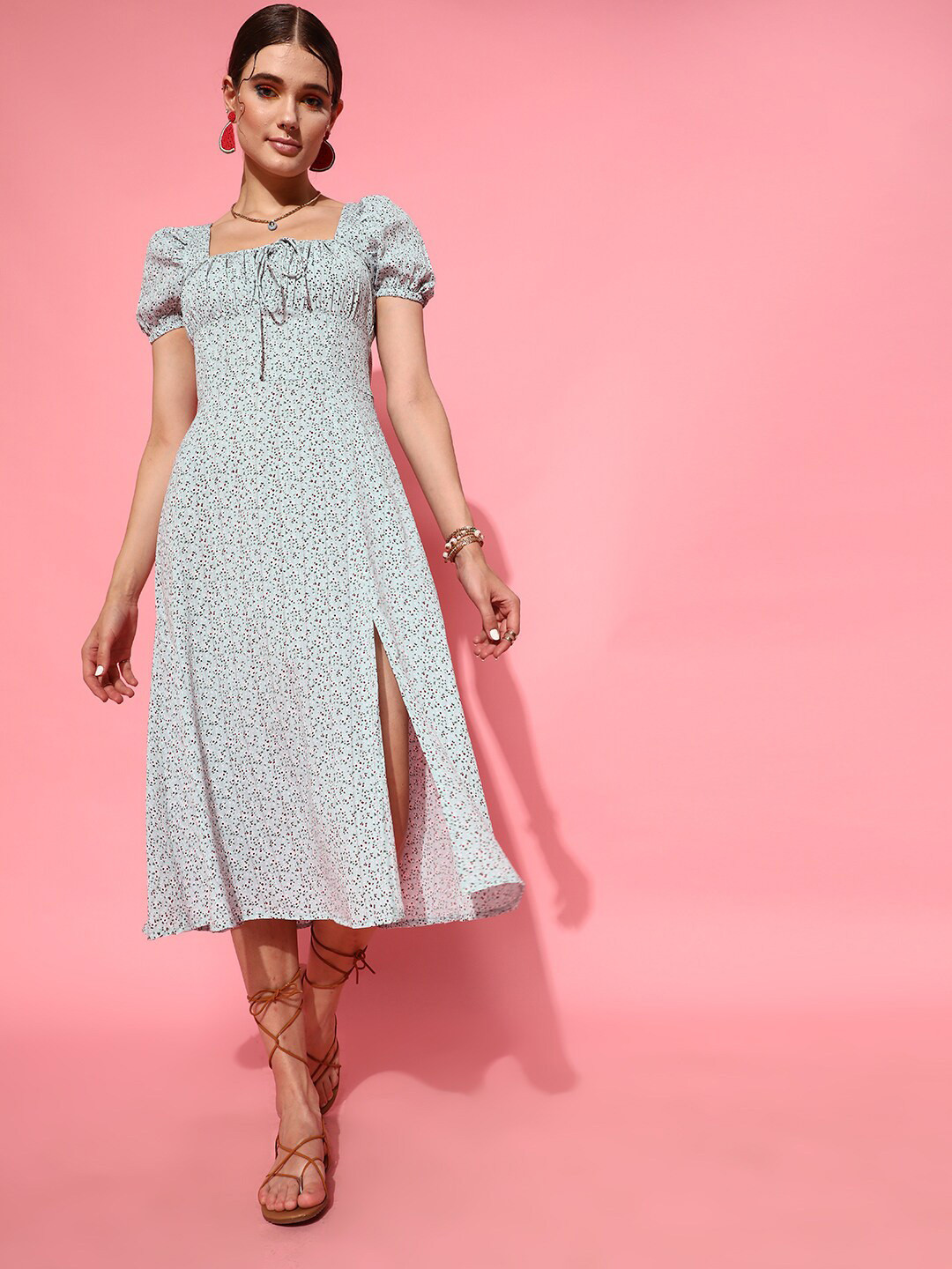 STREET 9 Sea Green Floral Crepe A-Line Midi Dress