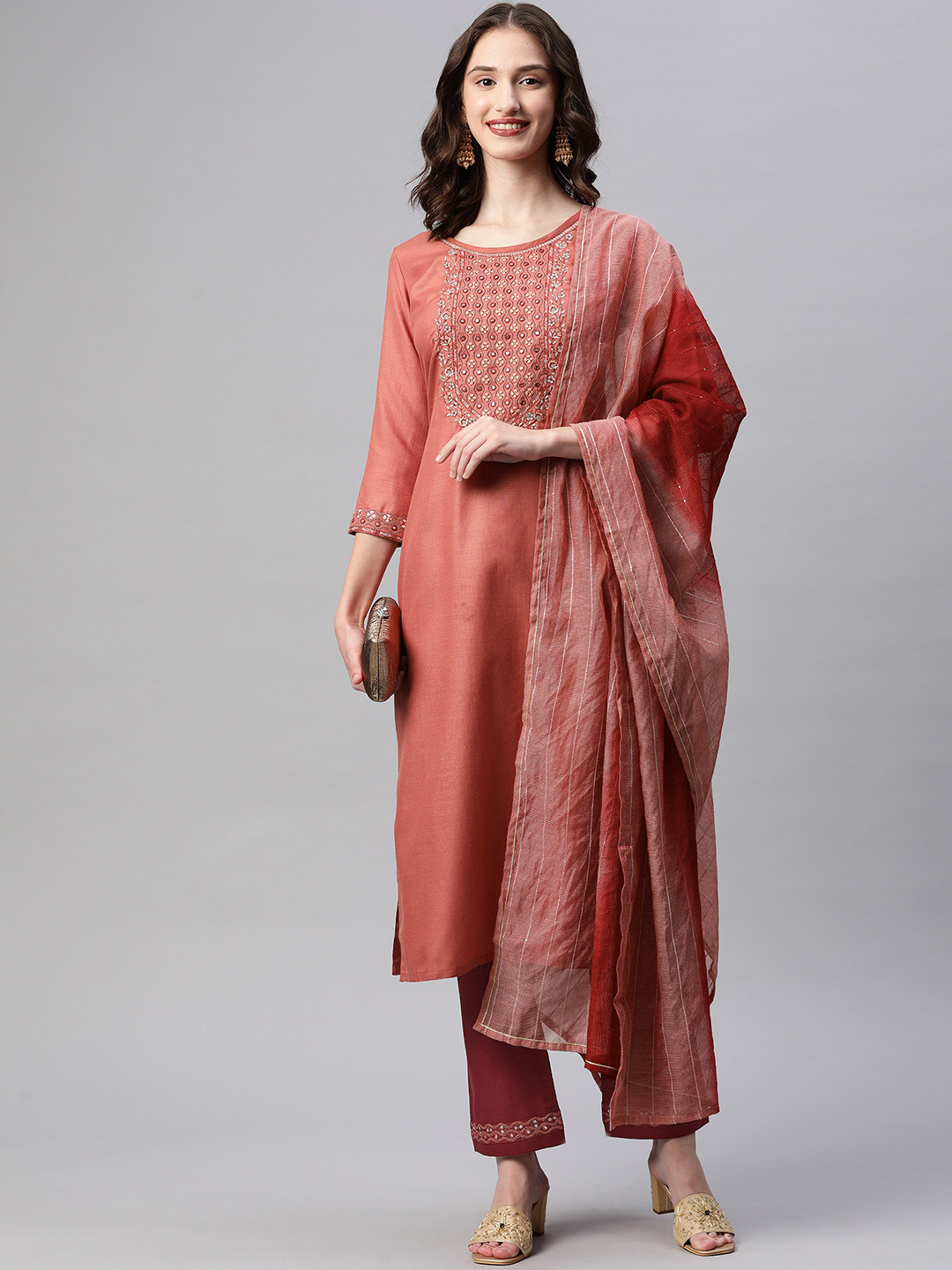 SheWill Women Rust Orange Ethnic Motifs Embroidered Kurta with Trousers & With Dupatta
