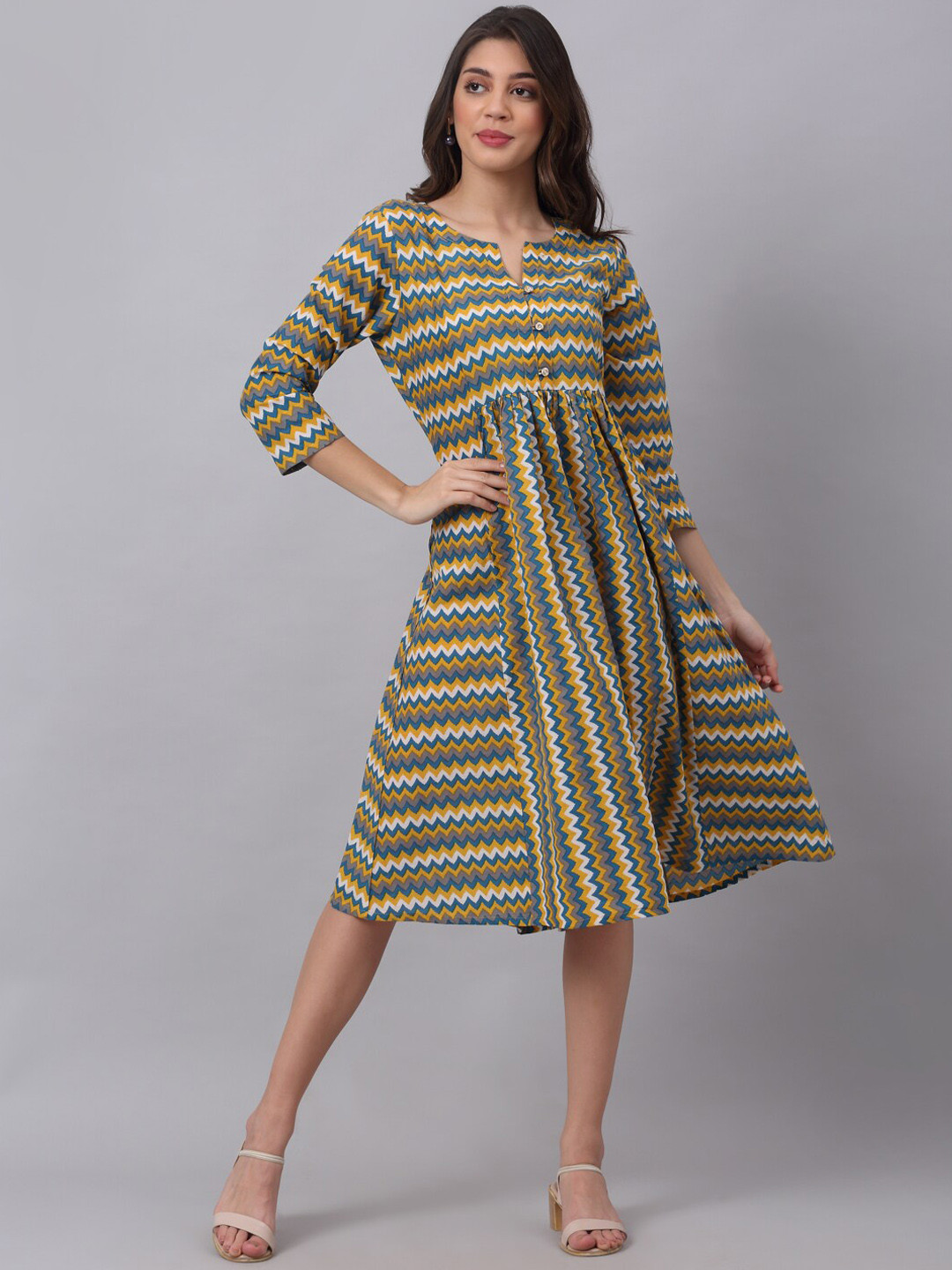KALINI Women Multicoloured Geometric Striped Keyhole Neck Flared Sleeves Quirky Anarkali Kurta