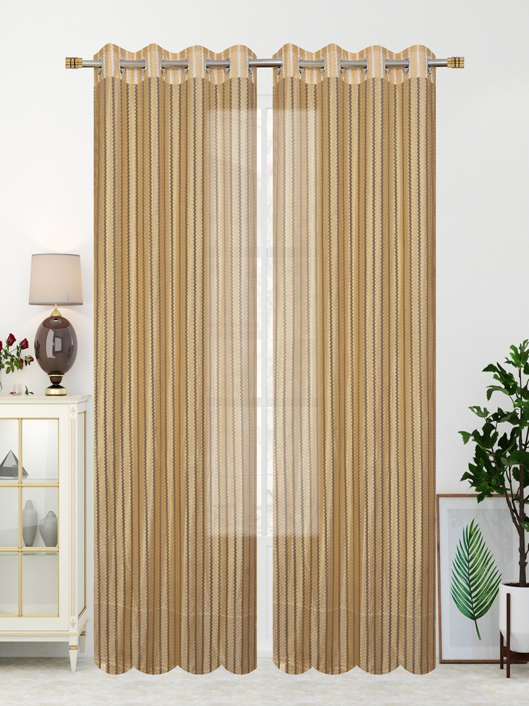 Homefab India Gold-Toned Set of 2 Sheer Long Door Curtain