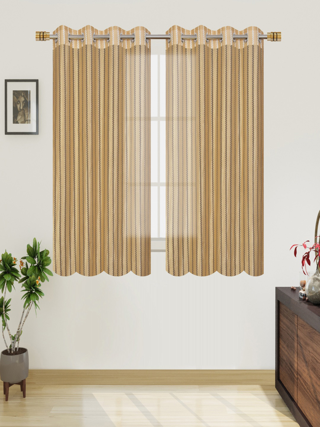 Homefab India Gold-Toned Set of 2 Sheer Window Curtains
