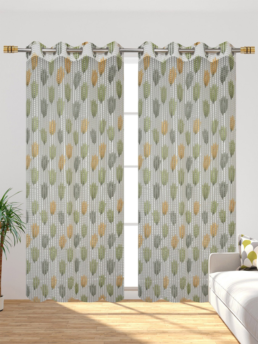 Homefab India Green & Yellow Set of 2 Floral Sheer Long Door Curtain