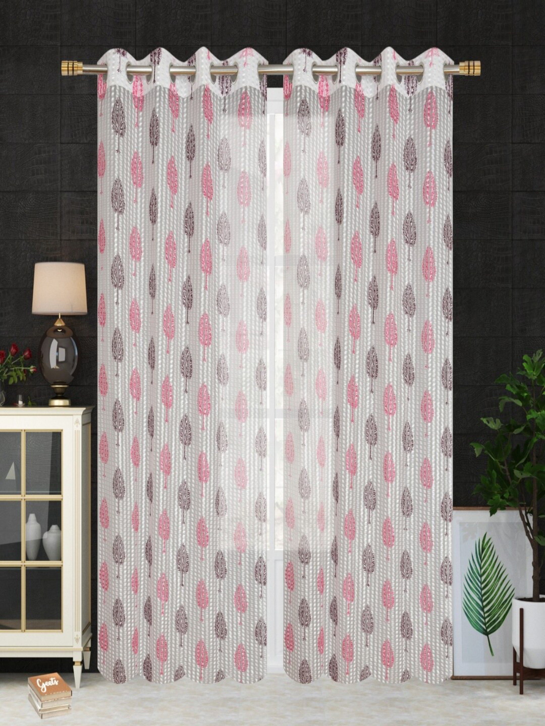 Homefab India Pink & White Floral Sheer Long Door Curtain Set of 2