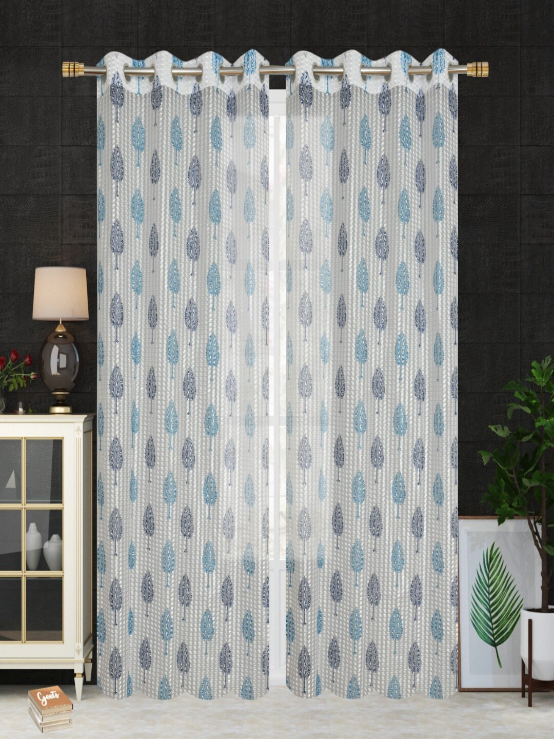 Homefab India Blue & White Set of 2 Fliptree Floral Sheer Door Curtain