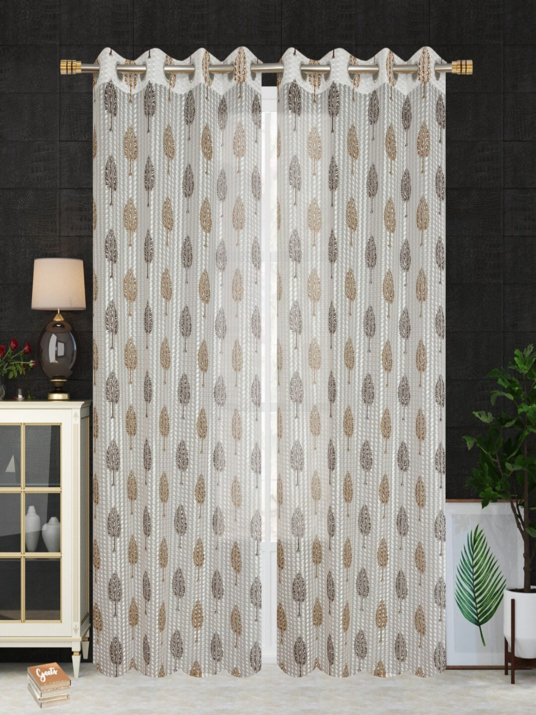 Homefab India Brown & White Set of 2 Fliptree Floral Sheer Long Door Curtains