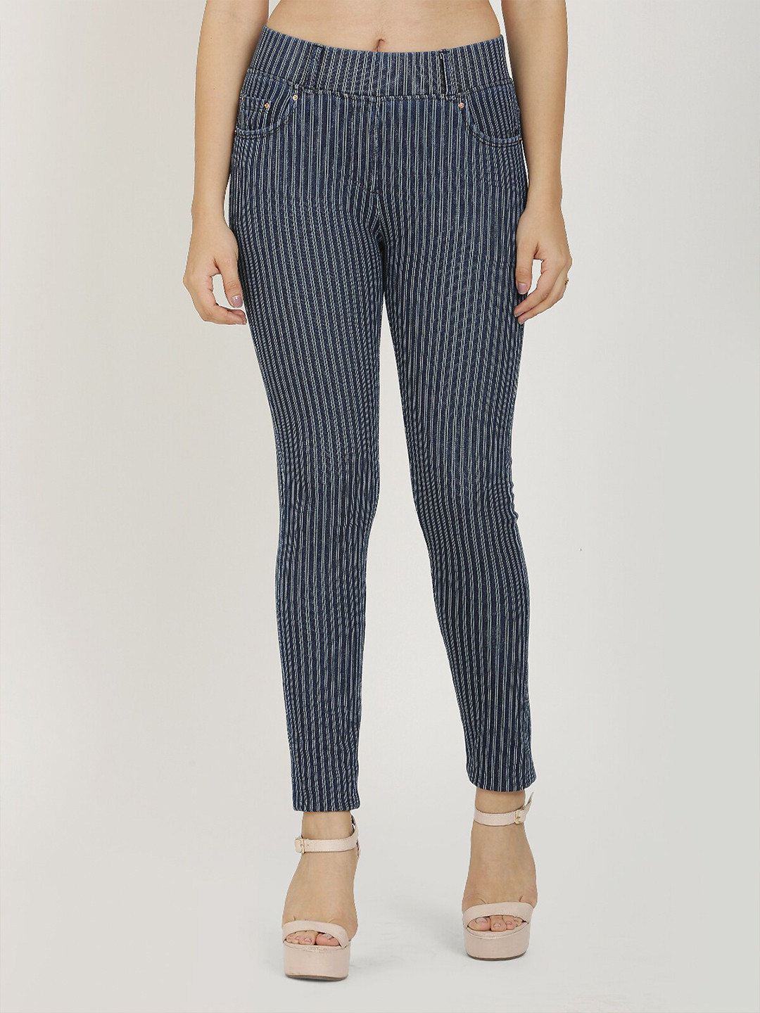 Westwood Women Blue Stripped Cotton Skinny-Fit Jeggings